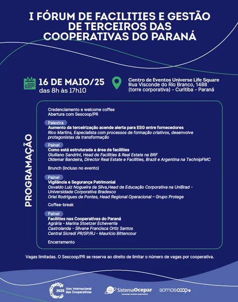 Prorrogadas as inscrições para o I Fórum de Facilities e Gestão de Terceiros das Cooperativas do Paraná
